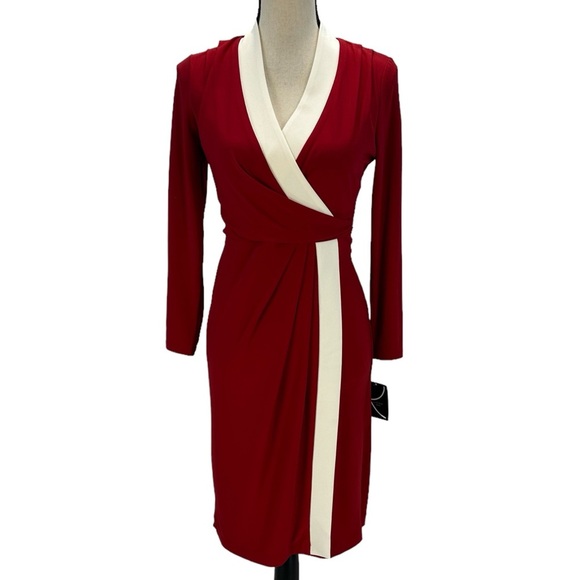 Kasper Long Sleeve V-Neck Faux Wrap Midi Dress - Red Cream - Picture 1 of 13